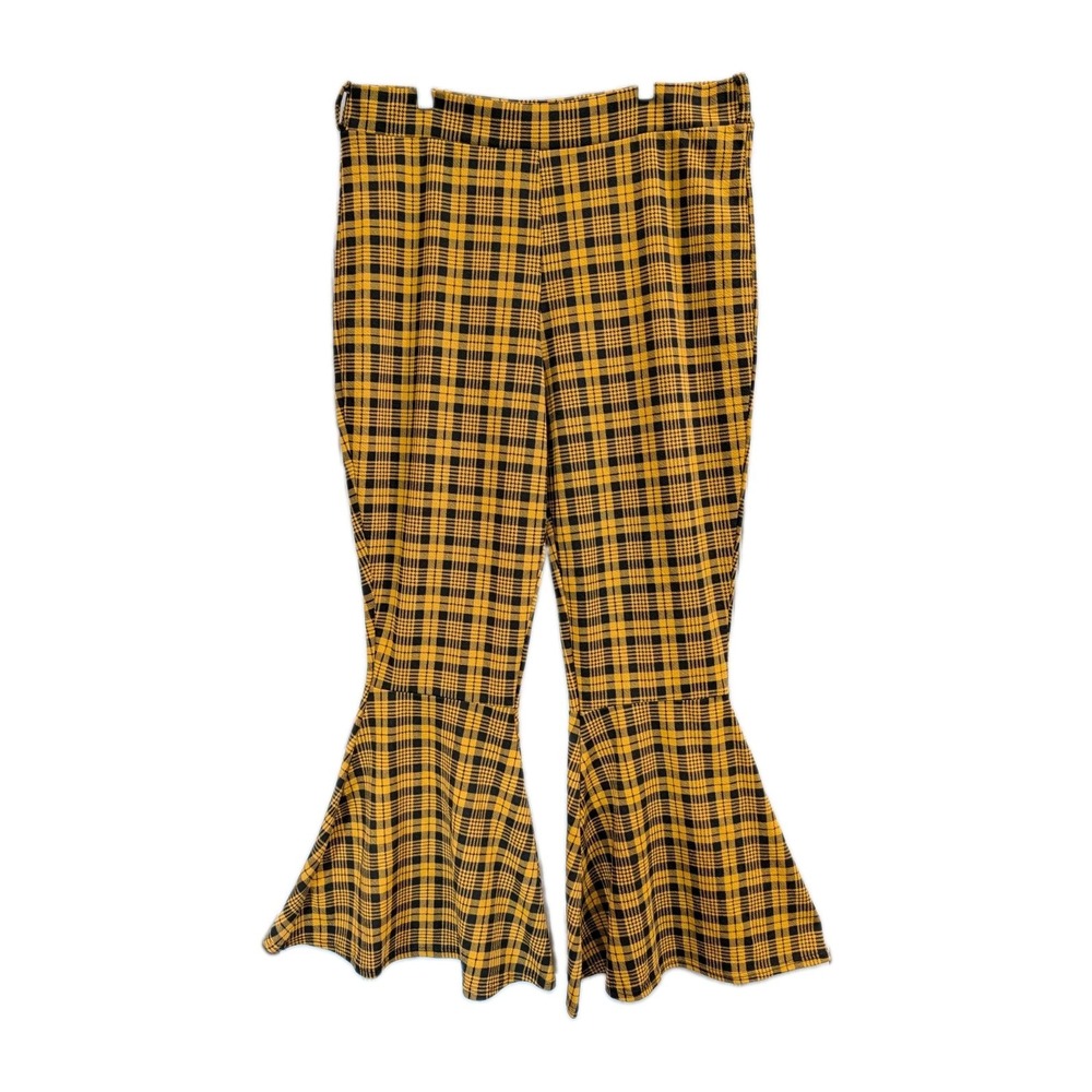 Vtg 90s Vamp Womens Plaid Goth Grunge Bell Bottom Pull On Pants 1X Stretch USA